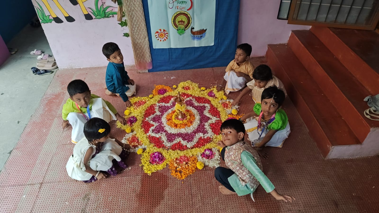Onam flower decoration activity at Uyirmei Academy